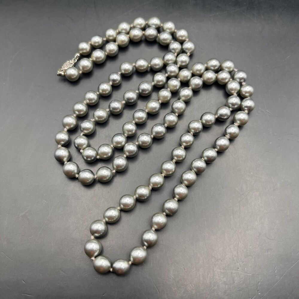 Vintage Long Blue Gray Faux Pearl Necklace Beaded Knotted Classic Elegant 36 In